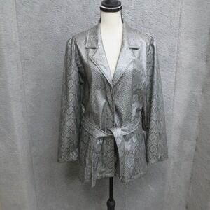 Neutral Zone Snake Print Faux Leather‎ Jacket Womens M Silver Belted Moto Blazer